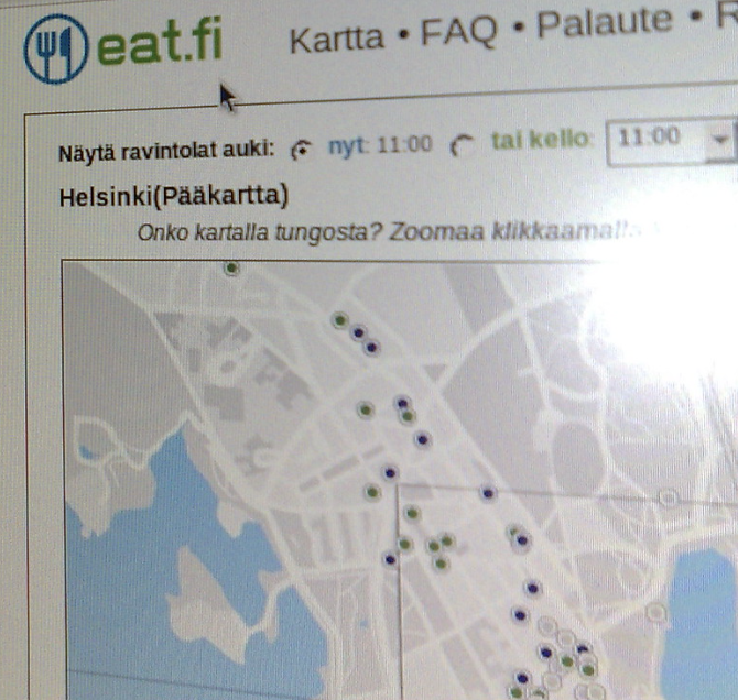 Screenshot of the site with a map of Helsinki on what is clearly not a Google map